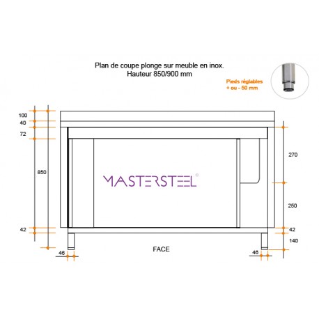 Plonge inox sur meuble 1 bac L1200XP700XH850MM EG droite - v2