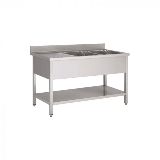 Plonge inox 2 bacs L1400XP600XH850MM égouttoir gauche avec étagère