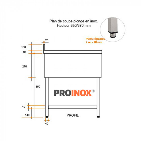 Plonge inox esp LV L1200XP600XH850MM EG droite 1 bac