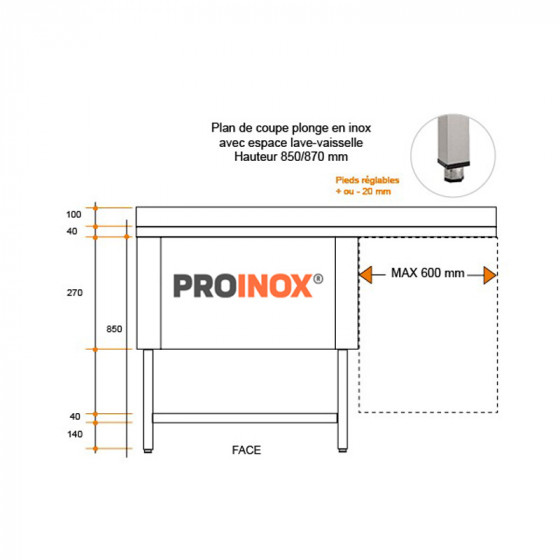 Plonge inox esp LV L1200XP600XH850MM EG gauche 1 bac