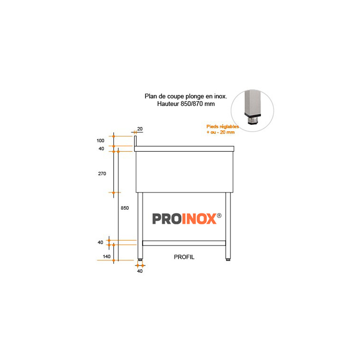 Plonge inox esp LV L1200XP600XH850MM EG gauche 1 bac  Plonges inox esp.  lave-vaisselle par ProInox Cuisto Dépôt