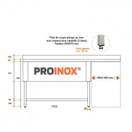 Plonge inox esp LV L1600XP700XH850MM EG droite 2 bacs - v2