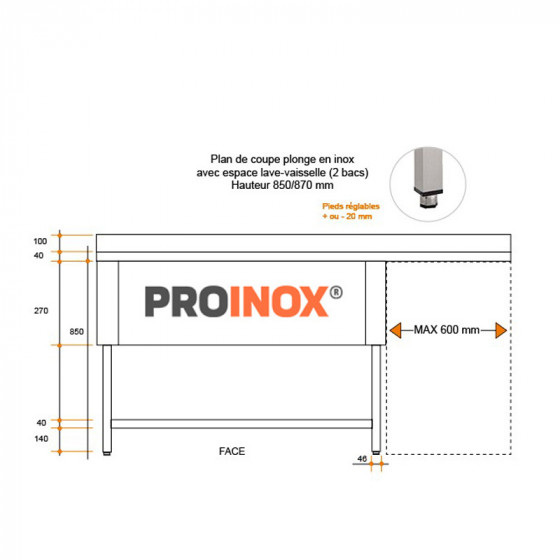 Plonge inox esp LV L1800XP700XH850MM EG droite 2 bacs - v2