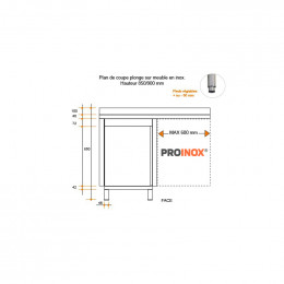 Plonge inox sur meuble esp.LV L1200XP600XH850MM EG droite 1 bac