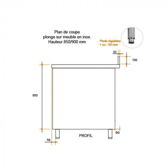 Plonge inox sur meuble 1 bac L1000XP600XH850MM EG gauche - v3
