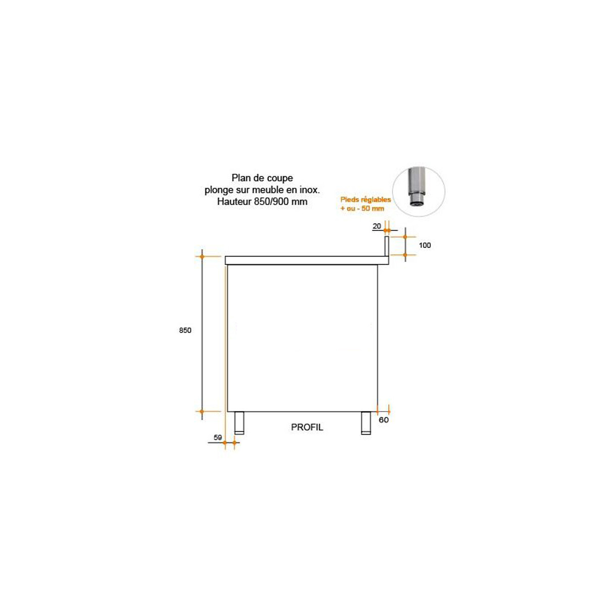 Plonge inox prof. 600 mm – bac gauche