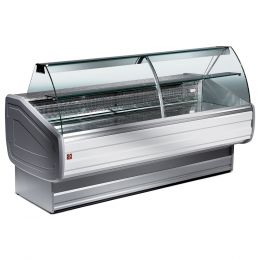 Comptoir vitrine réfrigéré à vitre bombée 2500mm, ventilé, avec réserve, gris