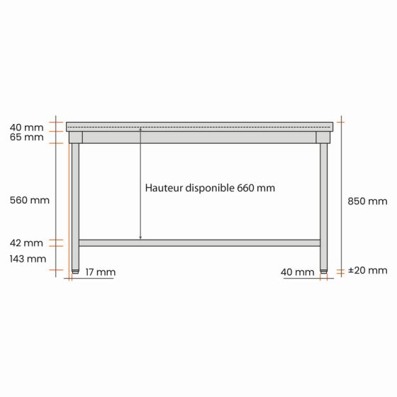 Table inox centrale L1200xP700xH850mm avec étagère basse