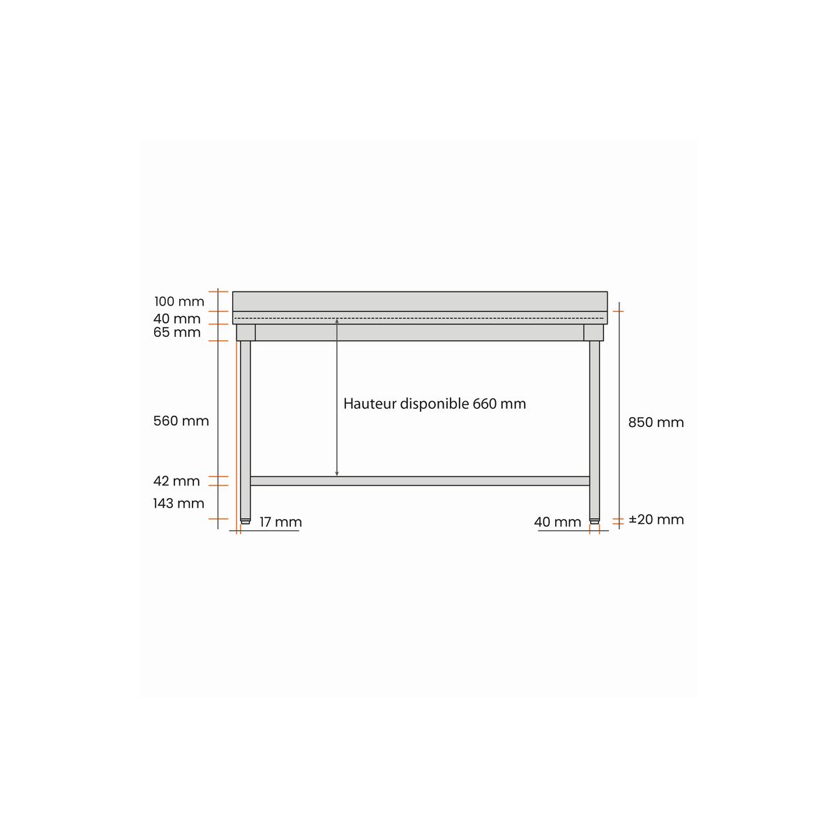 Table inox rabaissée P 700 x H 600 mm