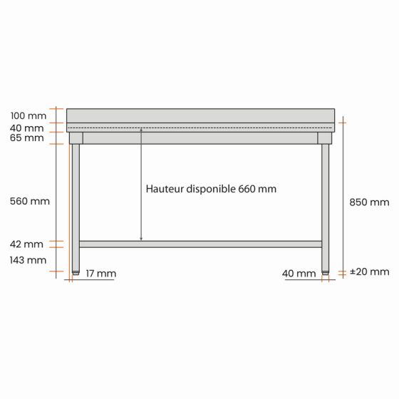 Table inox adossée L800XP600XH850mm avec étagère basse