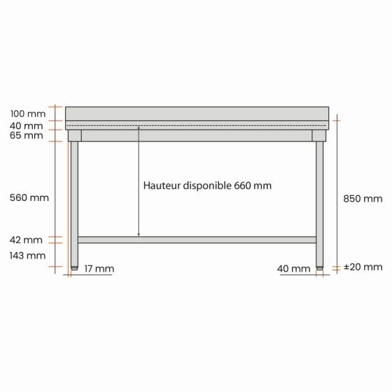 Table inox adossée L1200XP600XH850mm avec étagère basse - v3