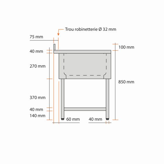 Plonge inox 1 bac L600XP600XH850MM avec étagère basse