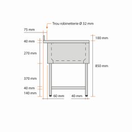 Plonge inox 1 bac L1000XP600XH850MM égouttoir droite avec étagère - v2
