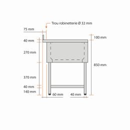 Plonge inox 2 bacs L1400XP700XH850MM égouttoir gauche avec étagère - v2