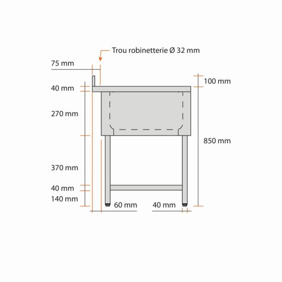 Plonge inox 2 bacs sans égouttoir L1000xP600xH850mm - v2