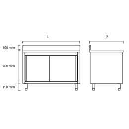 Meuble bas 2 portes coulissantes1400 x 700 x 850 mm en inox - adossé - v2