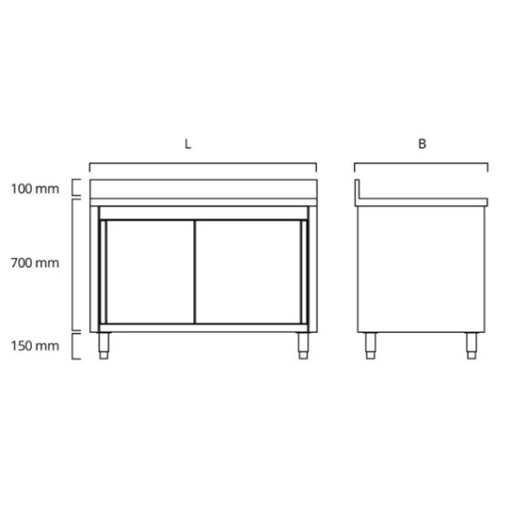 Meuble bas 2 portes coulissantes1400 x 700 x 850 mm en inox - adossé - v1