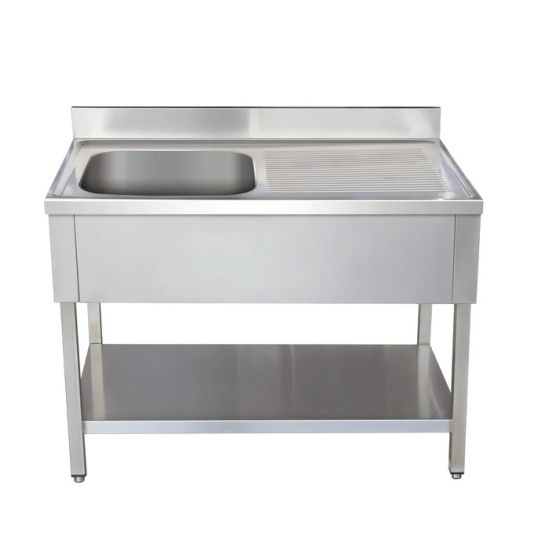 Plonge inox avec égouttoir à droite et étagère 1400x700x850mm - 1 BAC - v1