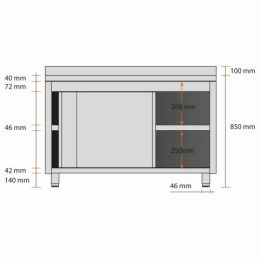 Meuble bas 2 portes coulissantes1200 x 700 x 850 mm en inox - adossé