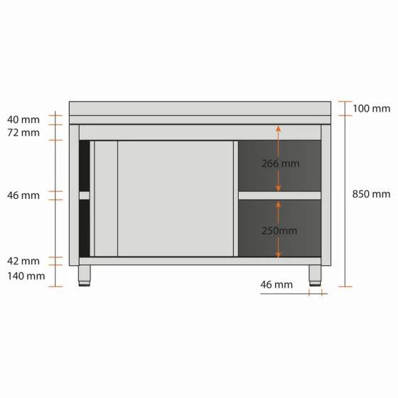 Meuble bas 2 portes coulissantes1400 x 600 x 850 mm en inox - adossé - v3