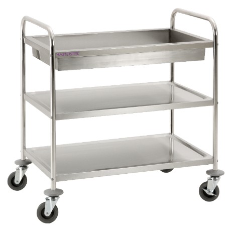 Chariot de service inox avec 2 plateaux et bac